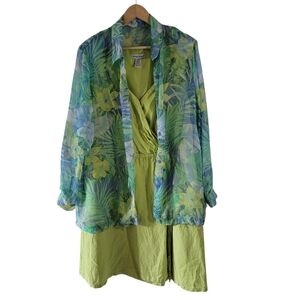 Jessica London Dress + Blouse Twinnie Set 22 Green Hawaiian Tropical Linen Blend